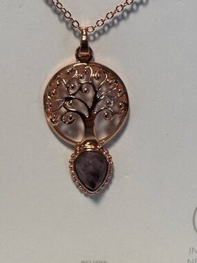 Rose Gold Tree of Life Pendant Necklace with Amethyst Teardrop